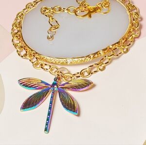Gold Enchanted Choker Necklace Multicolor Dragonfly Pendant New Age Grunge 90s